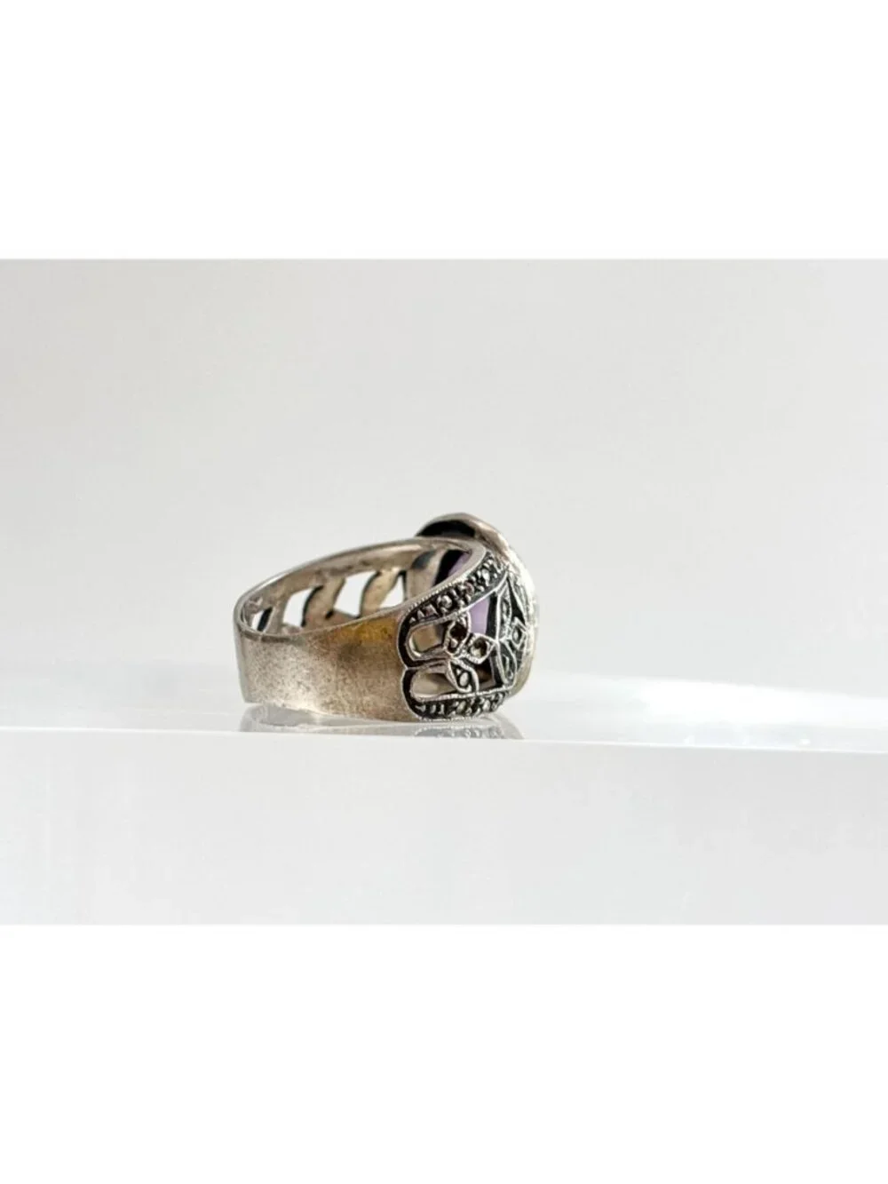 Art Deco Amethyst Gemstone Marcasite Sterling Silver 925 Vintage Ring - sz 5.75